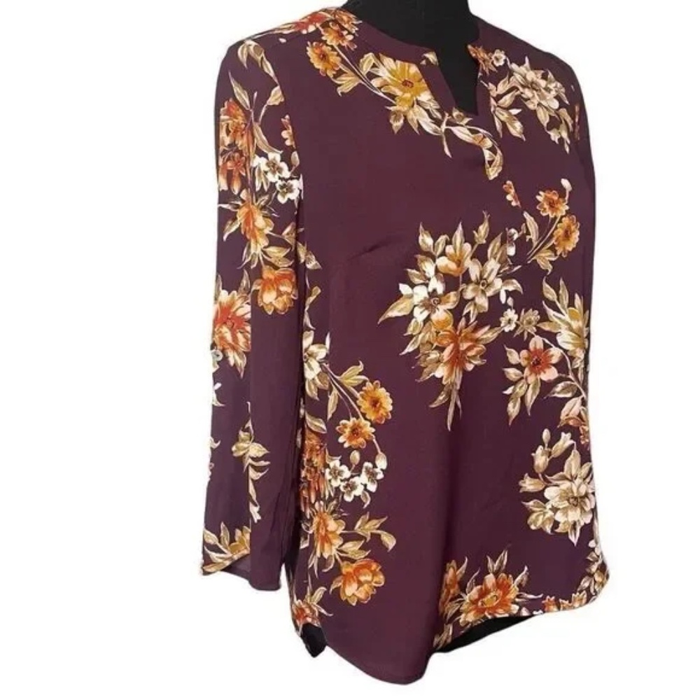 Daniel Rainn Floral Print Burgundy Romantic Peasant V-Neck High Low Size PXS NWT